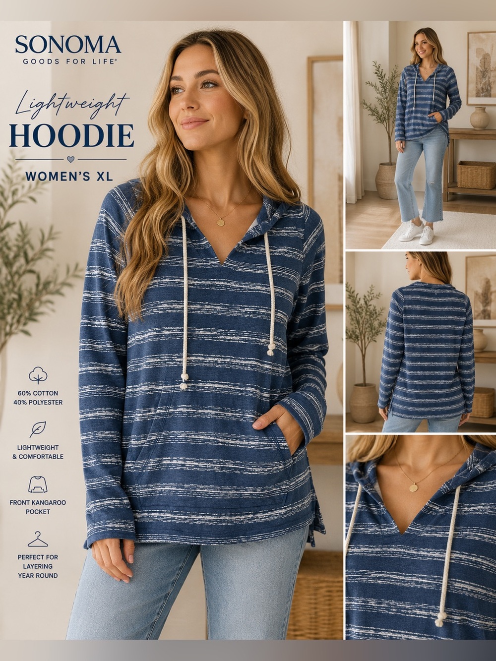 Sonoma Goods For Life Women XL Blue Striped Pullover Hoodie Cotton Blend